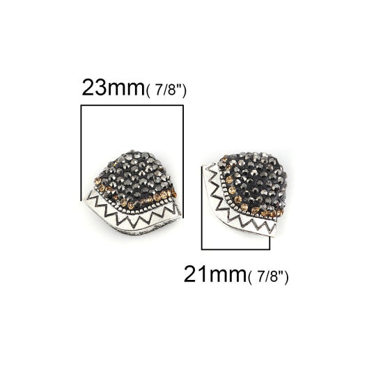 Picture of Zinc Based Alloy Micro Pave Tassel Beads Cap Fan-shaped Antique Silver Color Dark Gray Wave Champagne Rhinestone 23mm x 18mm, 2 PCs