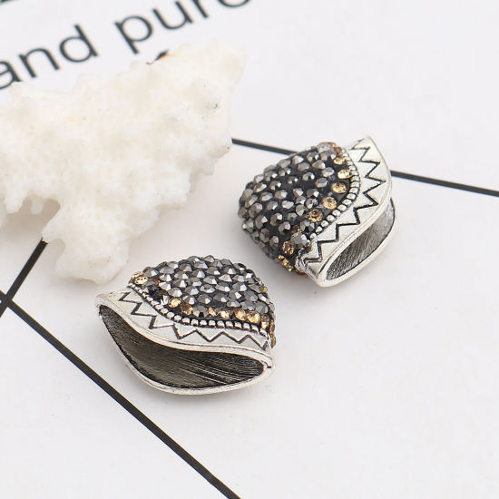 Picture of Zinc Based Alloy Micro Pave Tassel Beads Cap Fan-shaped Antique Silver Color Dark Gray Wave Champagne Rhinestone 23mm x 18mm, 2 PCs