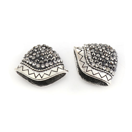 Picture of Zinc Based Alloy Micro Pave Tassel Beads Cap Fan-shaped Antique Silver Color Dark Gray Wave Champagne Rhinestone 23mm x 18mm, 2 PCs