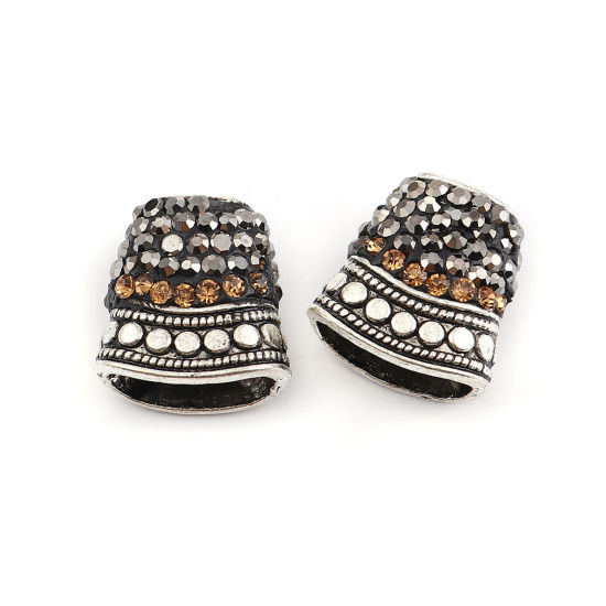 Picture of Zinc Based Alloy Micro Pave Tassel Beads Cap Bell Antique Silver Color Dark Gray Champagne Rhinestone 17mm x 16mm, 2 PCs