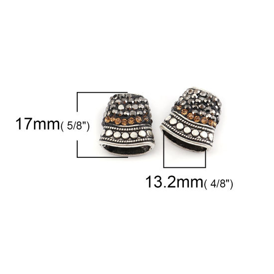 Picture of Zinc Based Alloy Micro Pave Tassel Beads Cap Bell Antique Silver Color Dark Gray Champagne Rhinestone 17mm x 16mm, 2 PCs