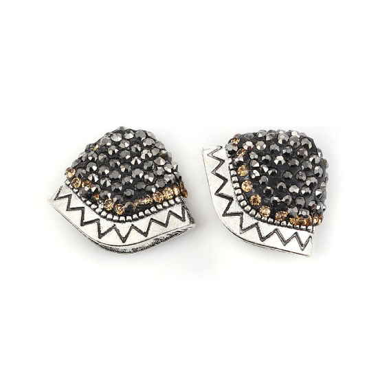 Picture of Zinc Based Alloy Micro Pave Tassel Beads Cap Bell Antique Silver Color Dark Gray Champagne Rhinestone 17mm x 16mm, 2 PCs