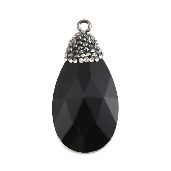Picture of Glass Micro Pave Pendants Drop Black Dark Gray Rhinestone Faceted 44mm(1 6/8") x 22mm( 7/8"), 1 Piece