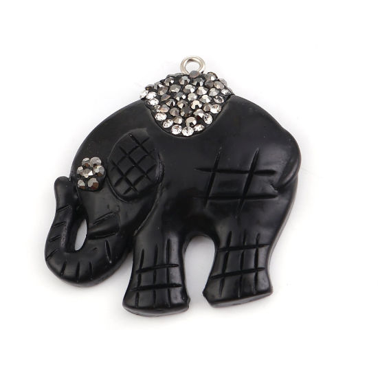 Picture of Acrylic Boho Chic Pendants Elephant Animal Black Micro Pave Dark Gray Rhinestone 40mm x 40mm, 2 PCs