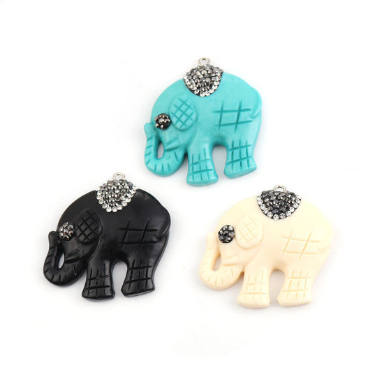 Picture of Acrylic Boho Chic Pendants Elephant Animal Black Micro Pave Dark Gray Rhinestone 40mm x 40mm, 2 PCs