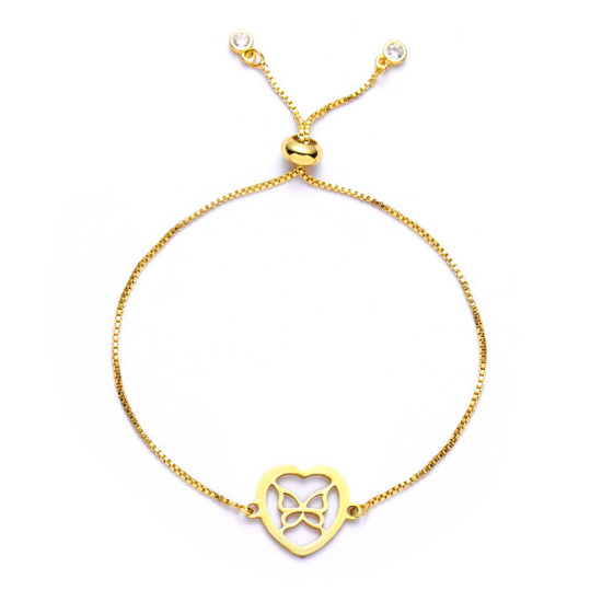 Immagine di 304 Acciaio Inossidabile Slider Regolabile Bolo Bracciale / Presentazione Oro Placcato Cuore Farfalla 25cm Lunghezza, 1 Pz