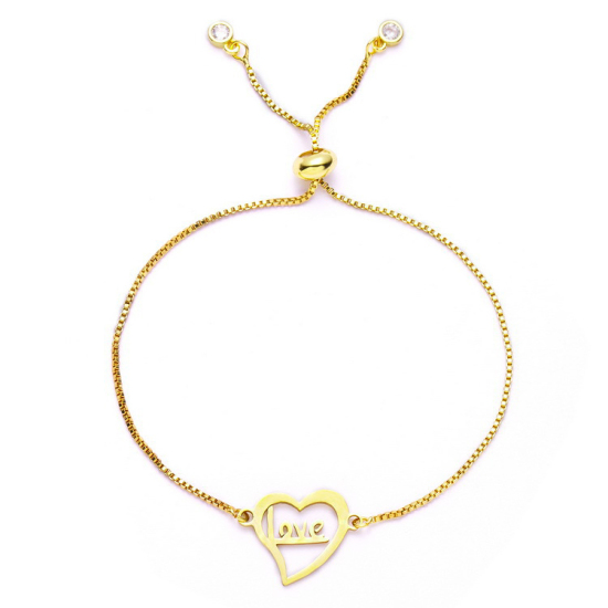 Picture of 304 Stainless Steel Adjustable Slider/ Slide Bolo Bracelets Gold Plated Heart Message " LOVE " 25cm(9 7/8") long, 1 Piece