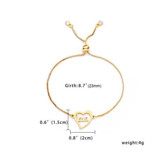 Picture of 304 Stainless Steel Adjustable Slider/ Slide Bolo Bracelets Gold Plated Heart Message " LOVE " 25cm(9 7/8") long, 1 Piece