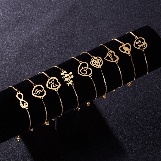 Picture of 304 Stainless Steel Adjustable Slider/ Slide Bolo Bracelets Gold Plated Heart Message " LOVE " 25cm(9 7/8") long, 1 Piece
