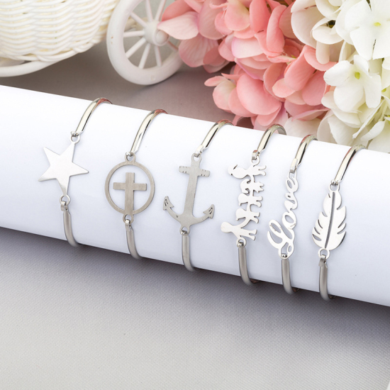 Immagine di Acciaio Inossidabile Braccialetto Tono Argento Tondo Croce Possibile Aprire 20cm Lunghezza, 1 Pz