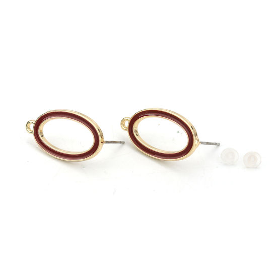 亜鉛合金 イヤリング イヤリングパーツ 楕円形 金メッキ 赤ワイン色 エナメル　ループ付き 23mm x 13mm、 ワイヤーサイズ: （21号）、 10 個 の画像