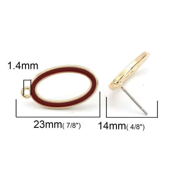 亜鉛合金 イヤリング イヤリングパーツ 楕円形 金メッキ 赤ワイン色 エナメル　ループ付き 23mm x 13mm、 ワイヤーサイズ: （21号）、 10 個 の画像