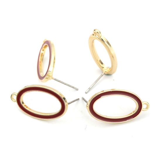 亜鉛合金 イヤリング イヤリングパーツ 楕円形 金メッキ 赤ワイン色 エナメル　ループ付き 23mm x 13mm、 ワイヤーサイズ: （21号）、 10 個 の画像