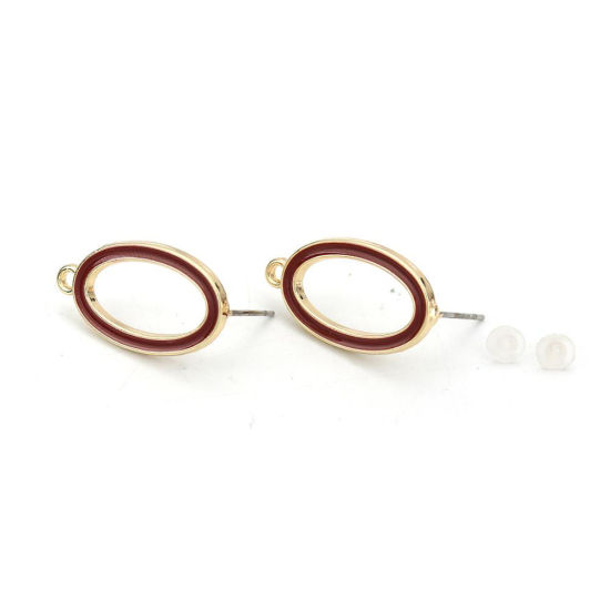 亜鉛合金 イヤリング イヤリングパーツ 楕円形 金メッキ 赤ワイン色 エナメル　ループ付き 23mm x 13mm、 ワイヤーサイズ: （21号）、 10 個 の画像