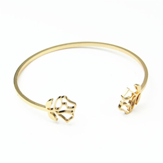 Picture of Stainless Steel Open Cuff Bangles Bracelets Gold Plated Rose Flower 18cm(7 1/8") long, 1 Piece