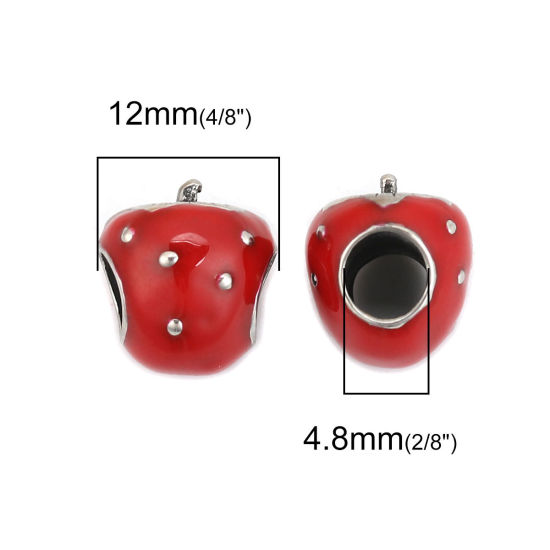 Imagen de 304 Acero Inoxidable Fundición Cuentas Fresas Plata Antigua Rojo Esmalte 12mm x 11mm, Agujero: Aprox 4.8mm, 1 Unidad