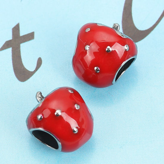 Imagen de 304 Acero Inoxidable Fundición Cuentas Fresas Plata Antigua Rojo Esmalte 12mm x 11mm, Agujero: Aprox 4.8mm, 1 Unidad
