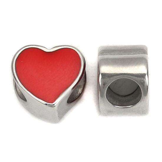 Picture of 304 Stainless Steel Casting Beads Heart Silver Tone Red Enamel 12mm x 11mm, Hole: Approx 5.1mm, 1 Piece