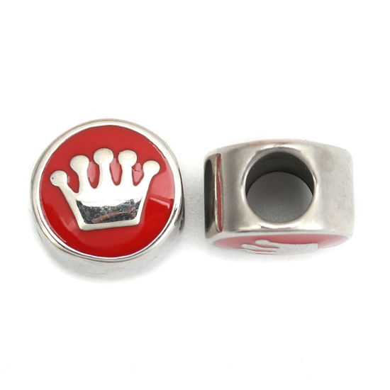 Picture of 304 Stainless Steel Casting Beads Round Silver Tone Red Crown Enamel About 11mm Dia., Hole: Approx 4.8mm, 1 Piece