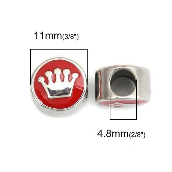 Imagen de 304 Acero Inoxidable Fundición Cuentas Ronda Tono de Plata Rojo Corona Esmalte 11mm Diámetro, Agujero: Aprox 4.8mm, 1 Unidad