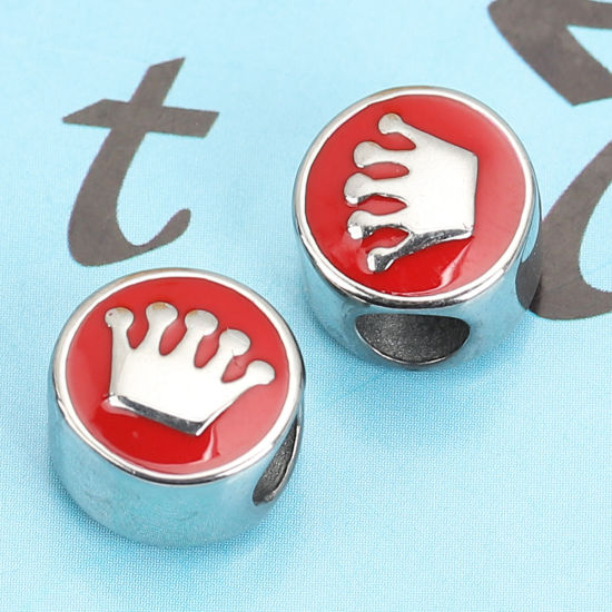 Imagen de 304 Acero Inoxidable Fundición Cuentas Ronda Tono de Plata Rojo Corona Esmalte 11mm Diámetro, Agujero: Aprox 4.8mm, 1 Unidad