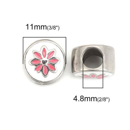 Imagen de 304 Acero Inoxidable Fundición Cuentas Ronda Tono de Plata Blanco & Rosa Flor Esmalte 11mm Diámetro, Agujero: Aprox 4.8mm, 1 Unidad