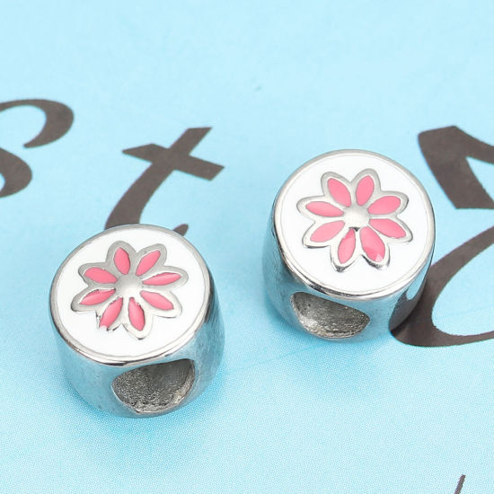 Imagen de 304 Acero Inoxidable Fundición Cuentas Ronda Tono de Plata Blanco & Rosa Flor Esmalte 11mm Diámetro, Agujero: Aprox 4.8mm, 1 Unidad