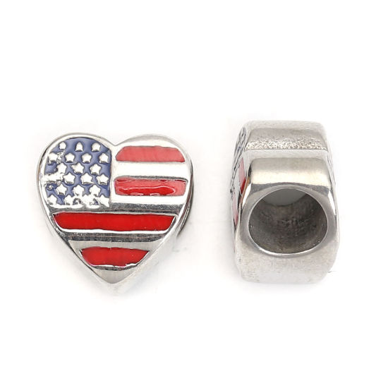 Picture of 304 Stainless Steel Casting Beads Heart Silver Tone Red & Blue Flag Of The United States Enamel 12mm x 12mm, Hole: Approx 5.3mm, 1 Piece