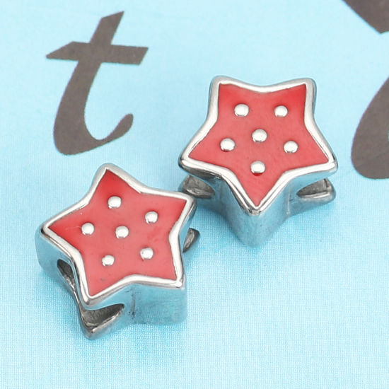 Imagen de 304 Acero Inoxidable Fundición Cuentas Estrellas de cinco puntos Tono de Plata Rojo Esmalte 10mm x 10mm, Agujero: Aprox 5mm, 1 Unidad