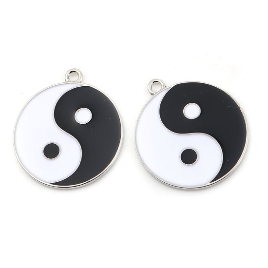 Imagen de Zamak Colgantes Ronda Tono de Plata Negro & Blanco Yin Yang Símbolo Esmalte 45mm x 39mm, 2 Unidades