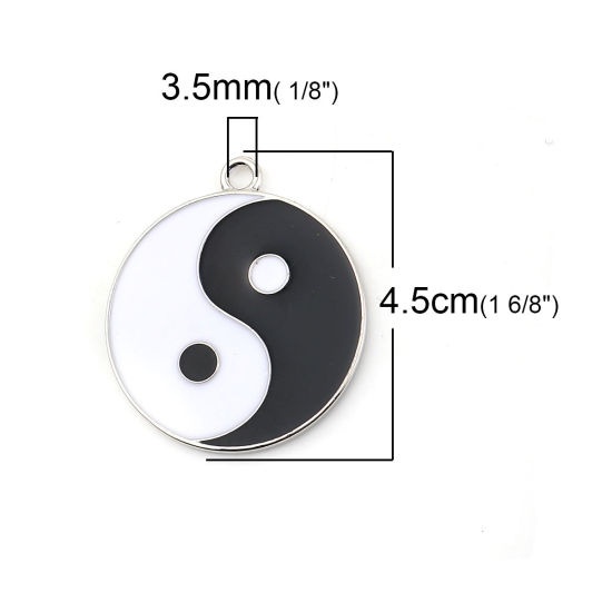 Imagen de Zamak Colgantes Ronda Tono de Plata Negro & Blanco Yin Yang Símbolo Esmalte 45mm x 39mm, 2 Unidades