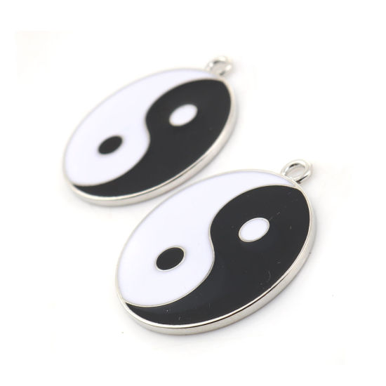 Imagen de Zamak Colgantes Ronda Tono de Plata Negro & Blanco Yin Yang Símbolo Esmalte 45mm x 39mm, 2 Unidades