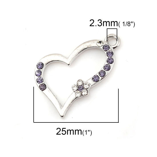 Image de Breloques en Alliage de Zinc Cœur Argent Mat à Strass Pourpre 25mm x 22mm, 3 Pcs