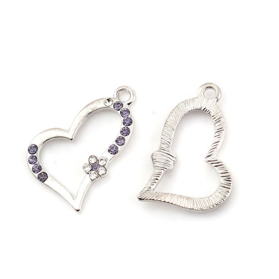 Image de Breloques en Alliage de Zinc Cœur Argent Mat à Strass Pourpre 25mm x 22mm, 3 Pcs