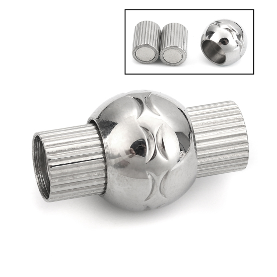 Picture of 304 Stainless Steel Magnetic Clasps Round Silver Tone 20mm( 6/8") x 12mm( 4/8"), 1 Piece