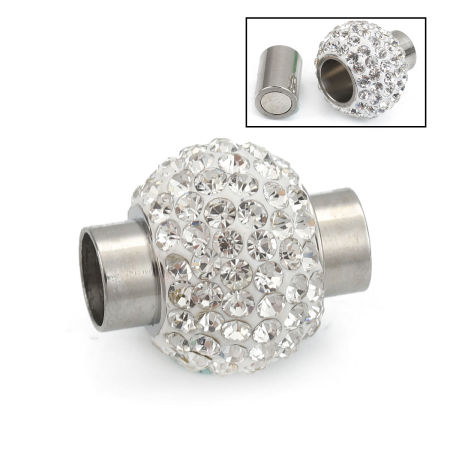 Image de 1 Pièce Fermoir Magnétique En Gros en 304 Acier Inoxydable Rond Argent Mat à Strass Blanc (Apparié à Cordon: 6mm) 18mm x 16mm