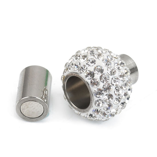 Picture of 304 Stainless Steel Magnetic Clasps Round Silver Tone White Rhinestone 18mm( 6/8") x 16mm( 5/8"), 1 Piece