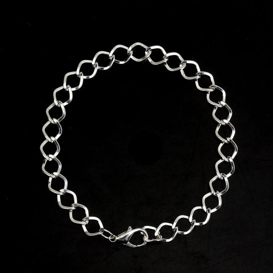 Picture of Iron Based Alloy Link Curb Chain Lobster Clasp Bracelets Rhombus Silver Plated 20cm(7 7/8") - 19cm(7 4/8") long, 1 Set ( 12 PCs/Set)