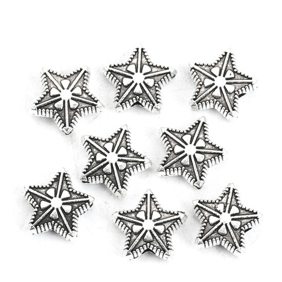Picture of Zinc Based Alloy Spacer Beads Pentagram Star Antique Silver Color Flower 11mm x 10mm, Hole: Approx 1.5mm, 50 PCs