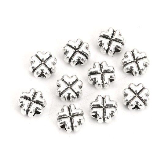Picture of Zinc Based Alloy Spacer Beads Four Leaf Clover Antique Silver Color 6mm x 6mm, Hole: Approx 1.4mm, 100 PCs