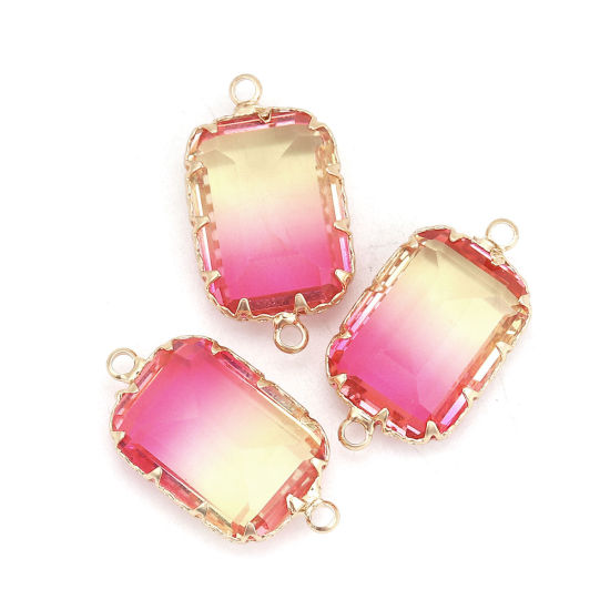 Picture of Brass & Glass Connectors Rectangle Gold Plated Pink & Yellow Faceted 26mm x14mm(1" x 4/8") - 25mm x13mm(1" x 4/8"), 2 PCs                                                                                                                                     