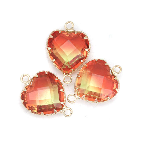 Image de Connecteurs en Laiton+Verre Cœur Doré Rouge & Jaune A Facettes 24mm x 17mm - 23mm x 16mm, 2 Pcs