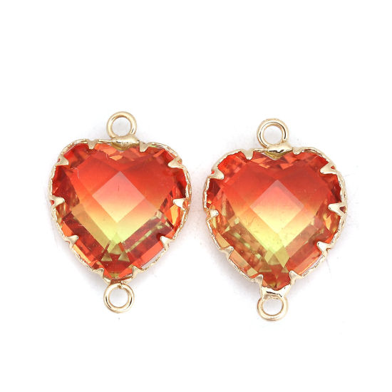 Bild von Messing + Glas Verbinder Herz Vergoldet Rot & Gelb Facettiert 24mm x17mm - 23mm x16mm, 2 Stück