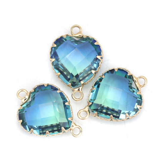 Picture of Brass & Glass Connectors Heart Gold Plated Blue & Green Faceted 24mm x17mm(1" x 5/8") - 23mm x16mm( 7/8" x 5/8"), 2 PCs                                                                                                                                       