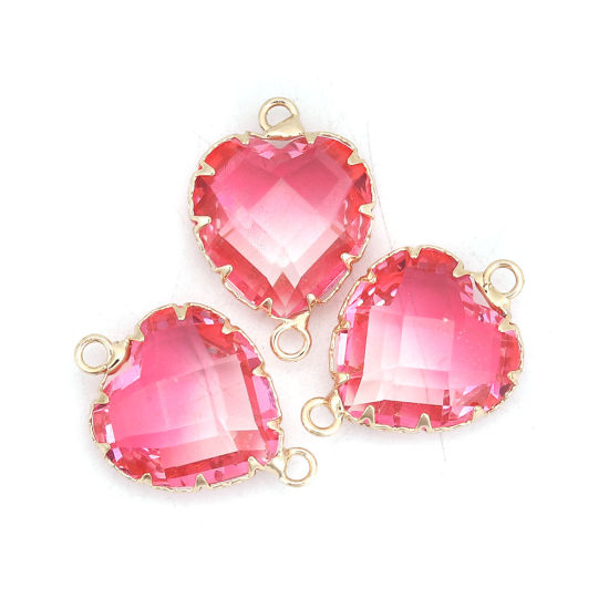 Picture of Brass & Glass Connectors Heart Gold Plated Pink Faceted 24mm x17mm(1" x 5/8") - 23mm x16mm( 7/8" x 5/8"), 2 PCs                                                                                                                                               