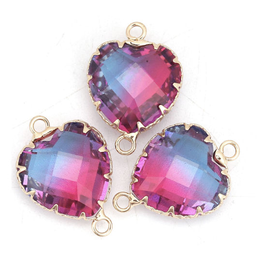 Bild von Messing + Glas Verbinder Herz Vergoldet Violett & Blau Facettiert 24mm x17mm - 23mm x16mm, 2 Stück