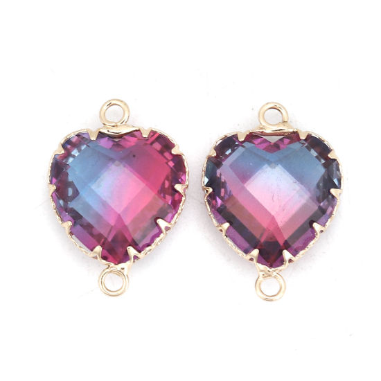 Bild von Messing + Glas Verbinder Herz Vergoldet Violett & Blau Facettiert 24mm x17mm - 23mm x16mm, 2 Stück