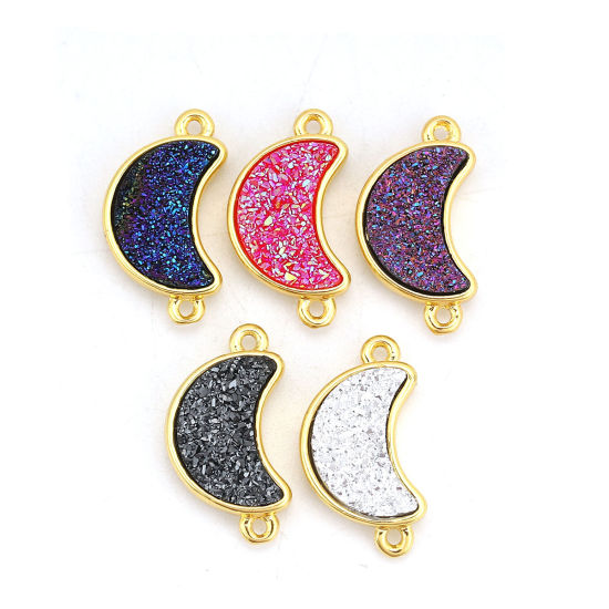 Picture of Brass & Resin Druzy/ Drusy Connectors Half Moon Gold Plated At Random Mixed 18mm( 6/8") x 10mm( 3/8"), 5 PCs                                                                                                                                                  