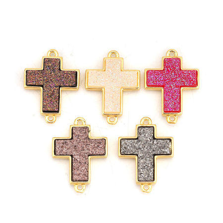Image de Connecteurs Druzy en Laiton & Résine Croix Doré Couleur au Hasard 23mm x 16mm, 3 Pcs