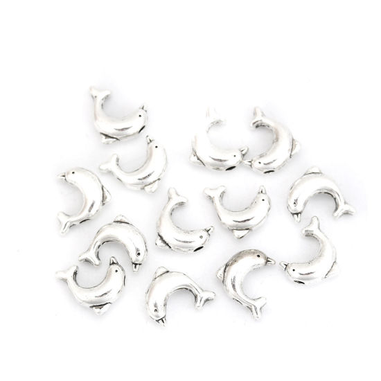 Picture of Zinc Based Alloy Ocean Jewelry Spacer Beads Dolphin Animal Antique Silver Color 10mm x 8mm, Hole: Approx 1.3mm, 100 PCs